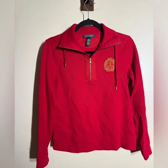 Lauren Ralph Lauren Pullover Sweater 3/4 Zip Gold Crest Logo small Red Old Money - Picture 2 of 10